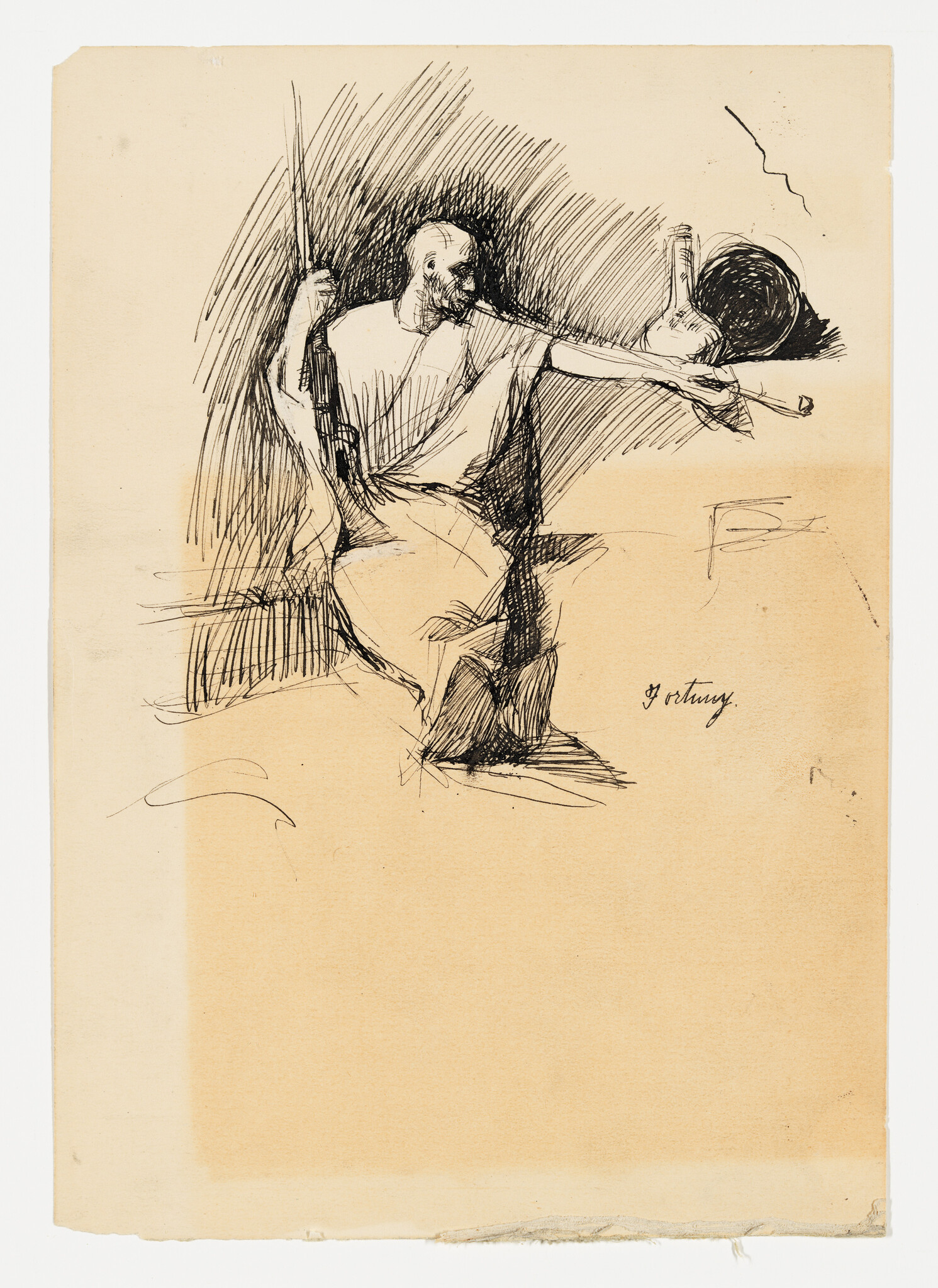 A seated bearded man holds a staff and points to a table with a hat and bottle.