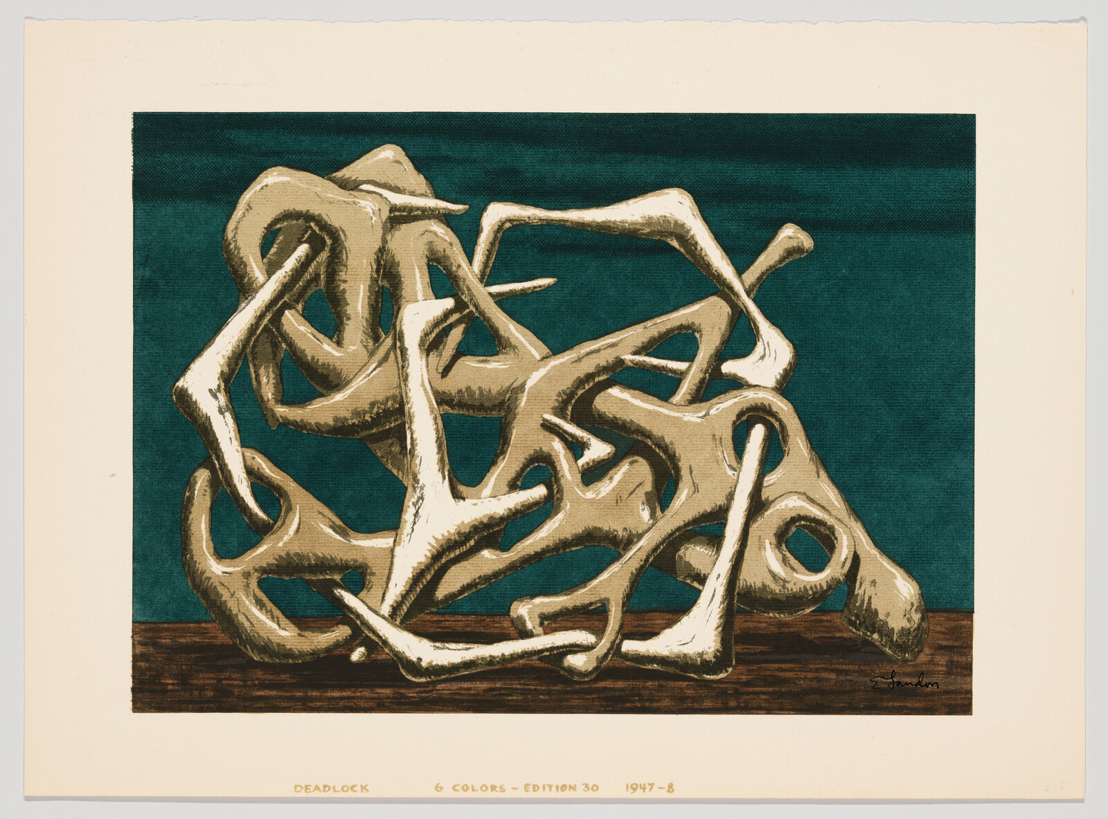 A print titled "DEADLOCK" depicting an abstract tangle of bone-like shapes in beige against a dark teal background, with a brown base resembling a wooden surface. The artwork is labeled with "6 COLORS - EDITION 30 1947-8" and signed by the artist in the lower right corner.