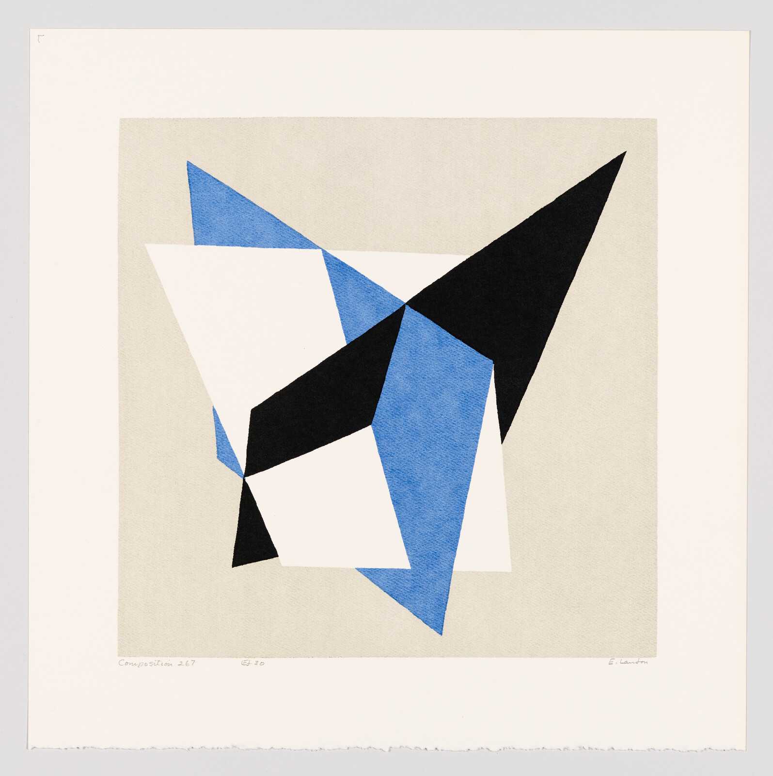 A geometric abstract artwork featuring a composition of black, white, and blue shapes on a beige background. The shapes are arranged in a seemingly random pattern, creating a dynamic and asymmetrical design. The image includes a signature and edition number at the bottom.