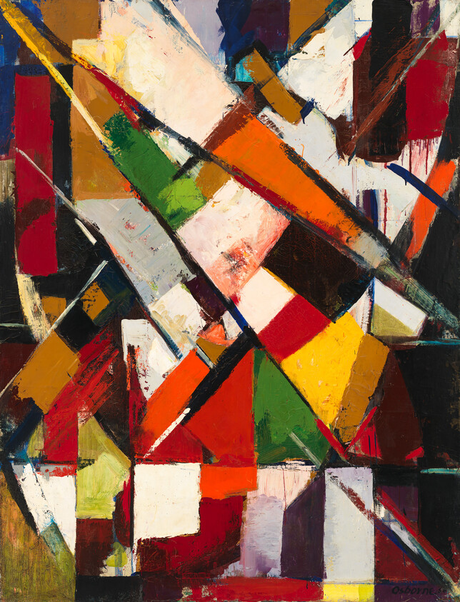 Bold abstract painting with colorful geometric shapes and intersecting diagonal lines.