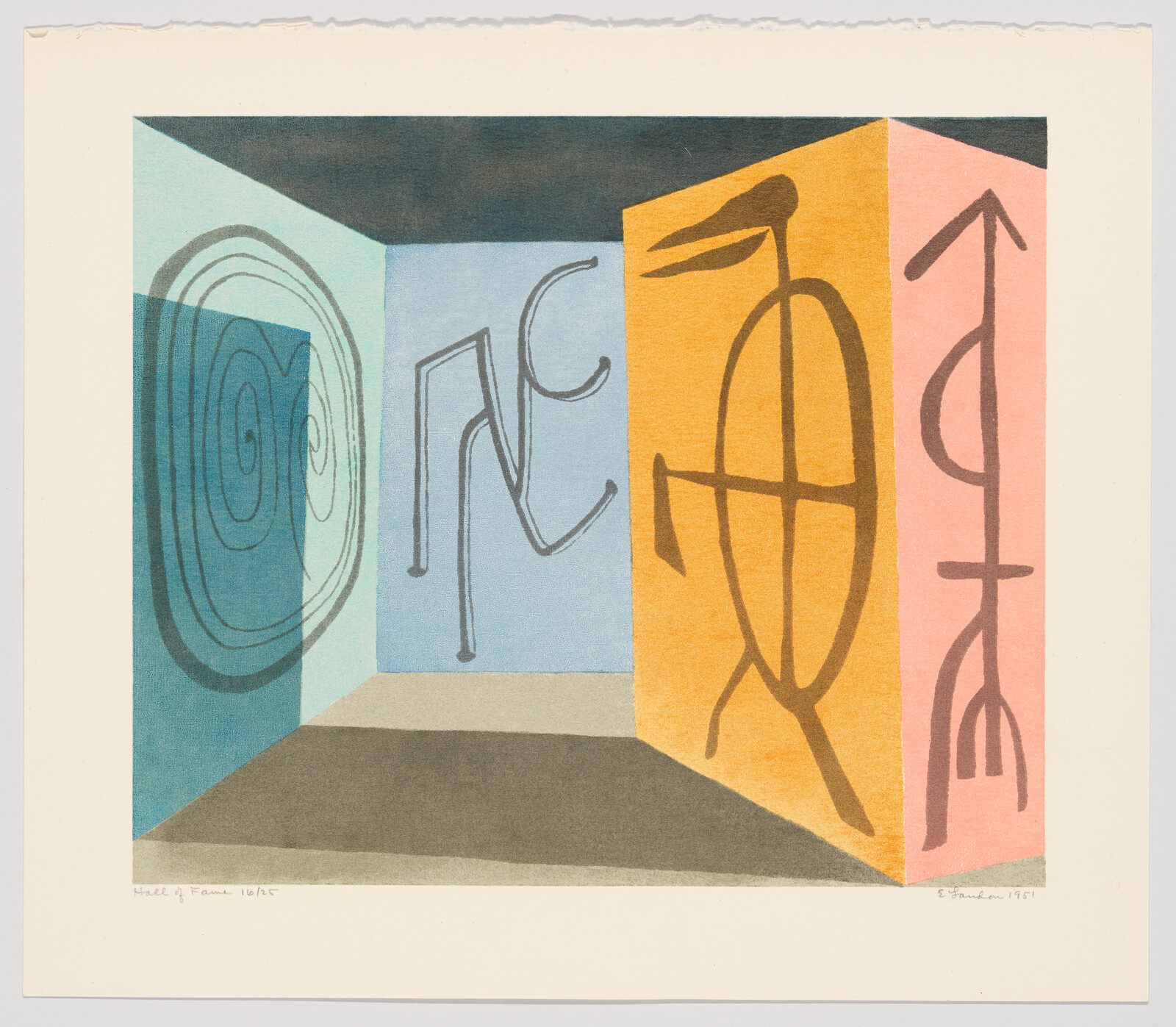 A colorful abstract print featuring a corner of a room with three walls, each adorned with a different abstract design. The left wall is teal with a concentric circle pattern, the center wall is blue with a line drawing resembling a figure, and the right wall is divided into orange and pink sections with abstract symbols. The floor is depicted in shades of gray and beige, creating a sense of three-dimensional space. The artwork is signed and dated in the lower corners.