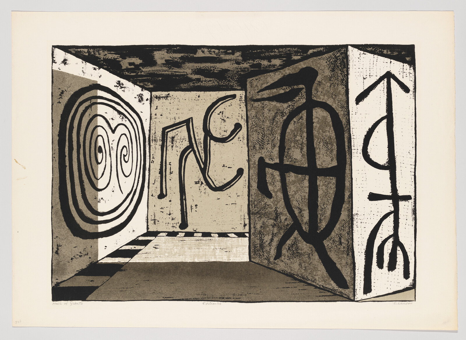 A black and white abstract print depicting a stylized interior space with walls adorned with various primitive or tribal-like symbols and patterns, including spirals and humanoid figures. The floor features a checkered pattern, and the overall composition suggests a three-dimensional perspective.