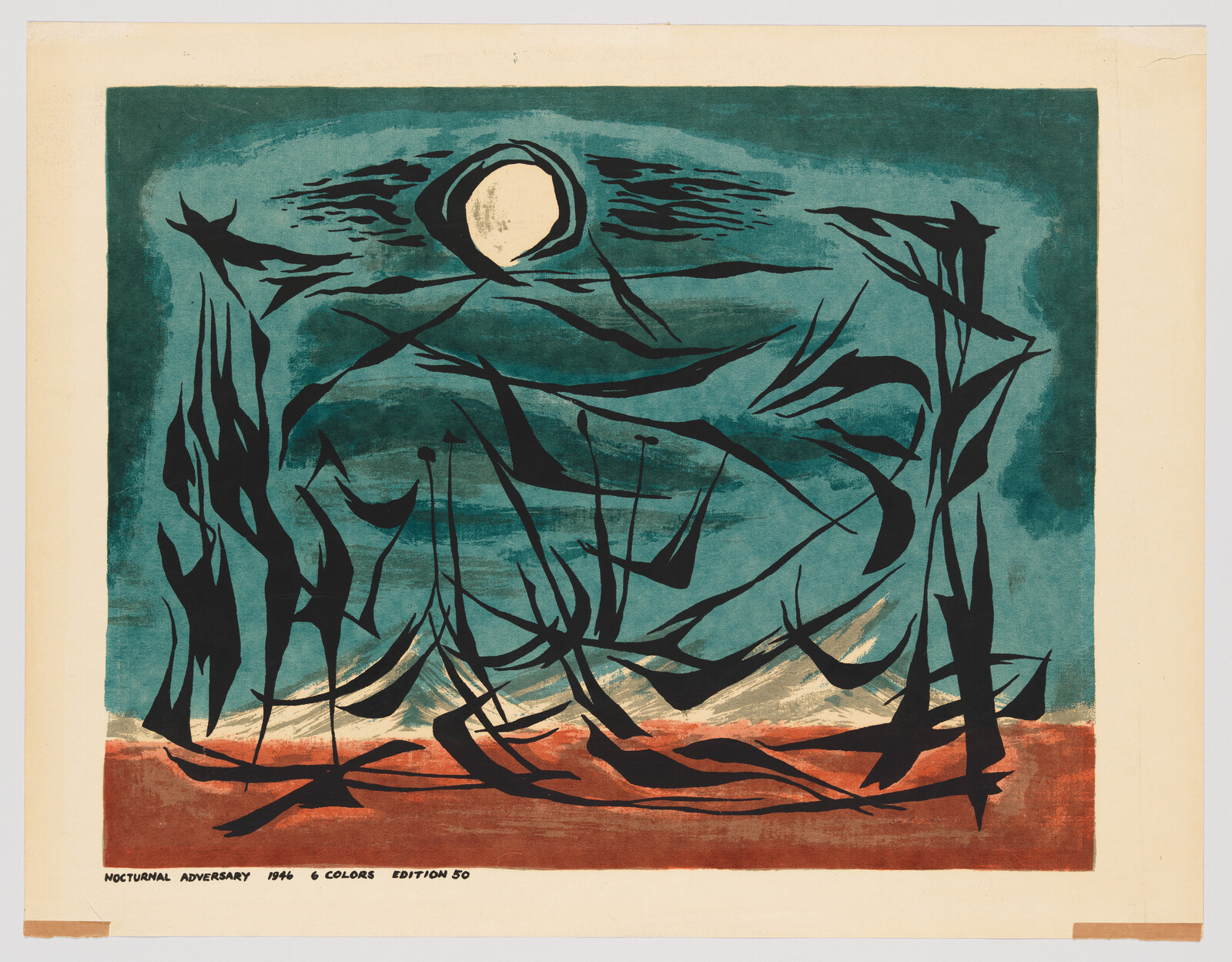 A print titled "Nocturnal Adversary" from 1946, showing an abstract representation of a night scene with a full moon at the center, surrounded by dark, swirling patterns that suggest trees or foliage. The bottom of the image features a band of warm red and orange tones, possibly representing the ground or horizon, contrasting with the cool blue and black hues dominating the composition. Text at the bottom indicates the artwork is a 6-color print from an edition of 50.