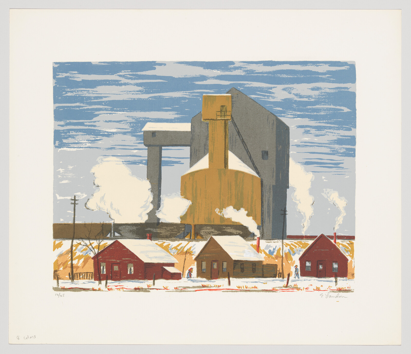 Print of a grain elevator towering over small red houses in a snowy landscape with a blue sky and clouds.