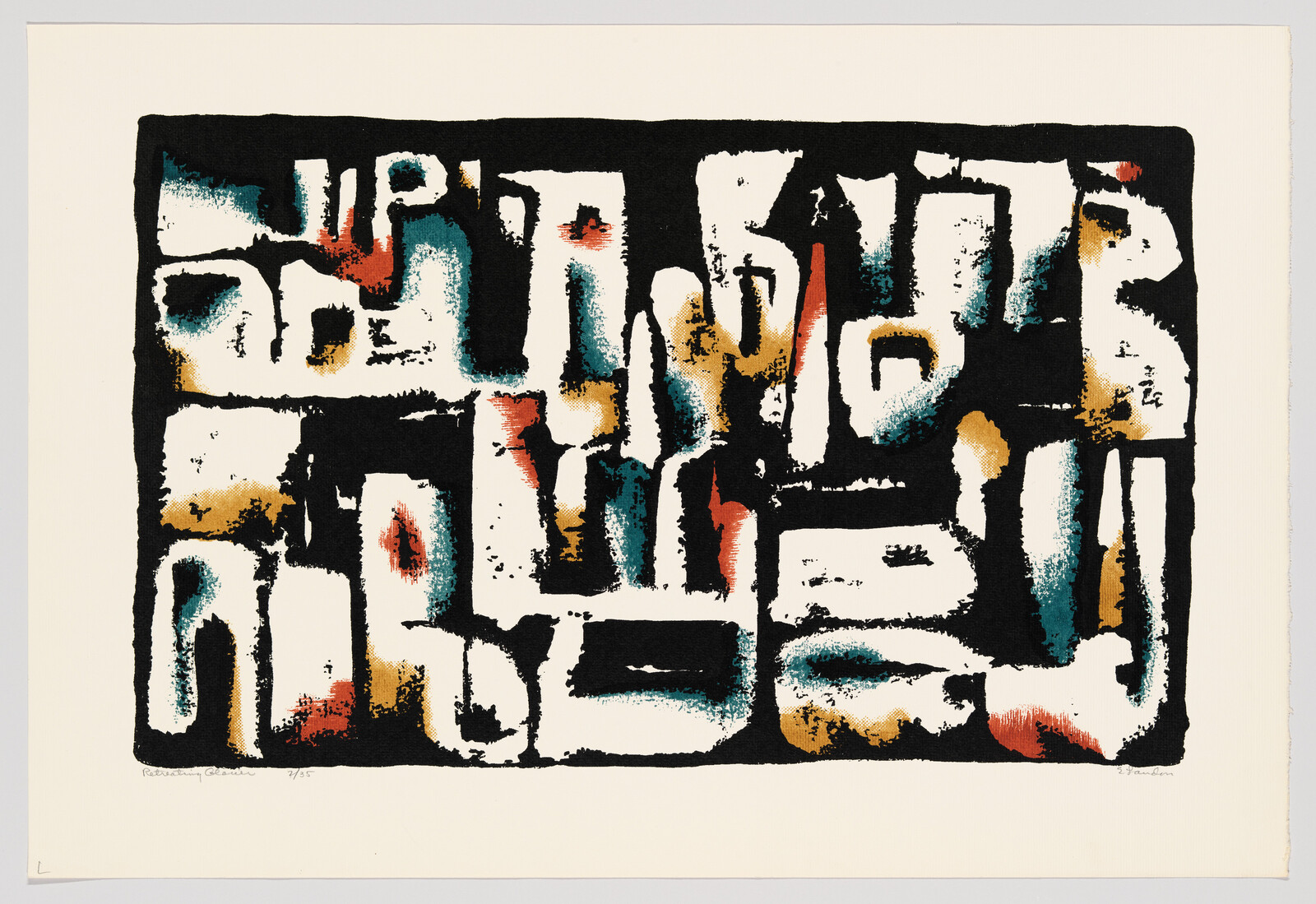 Abstract expressionist painting featuring a dense composition of black forms interspersed with touches of red, blue, and yellow. The artwork has a calligraphic quality, with the shapes resembling letters or symbols. The painting is signed and numbered at the bottom.