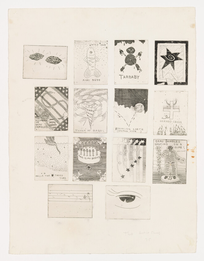 Sheet of fifteen small black-and-white printed illustrations arranged in a three-by-five grid.