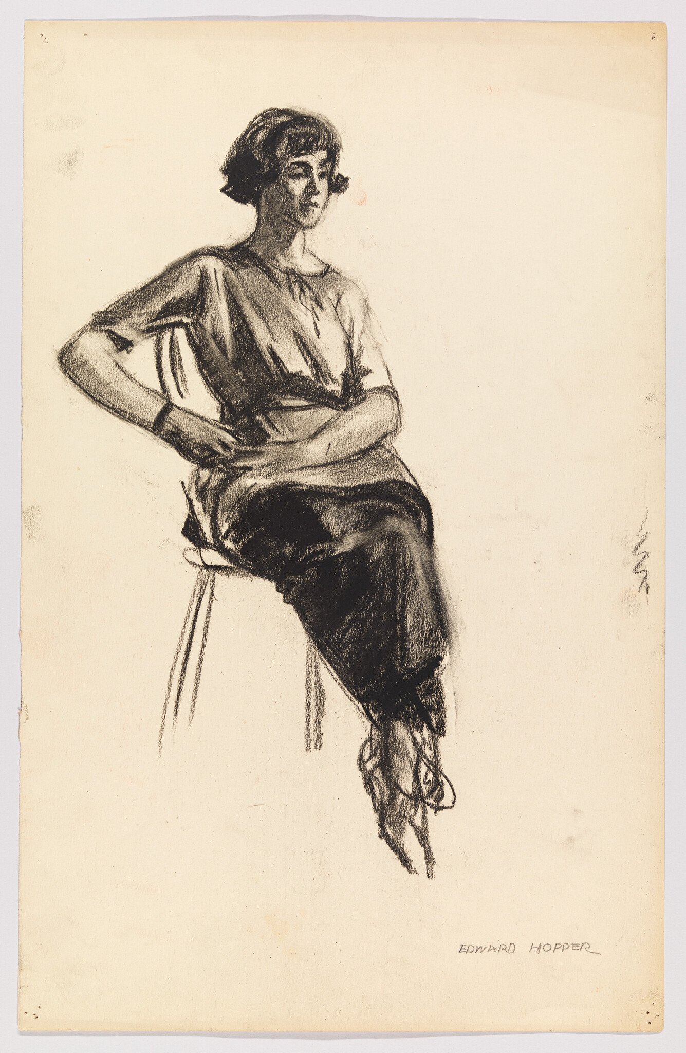 A charcoal sketch of a seated woman with her hands on her lap and crossed legs.