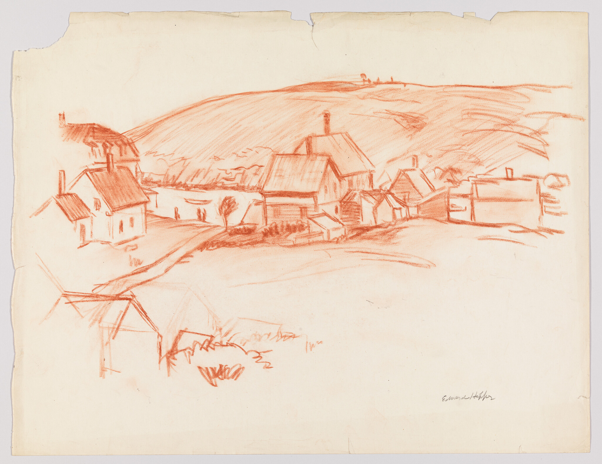 A red chalk sketch of a small hillside village with houses, a winding path, and a distant hill.