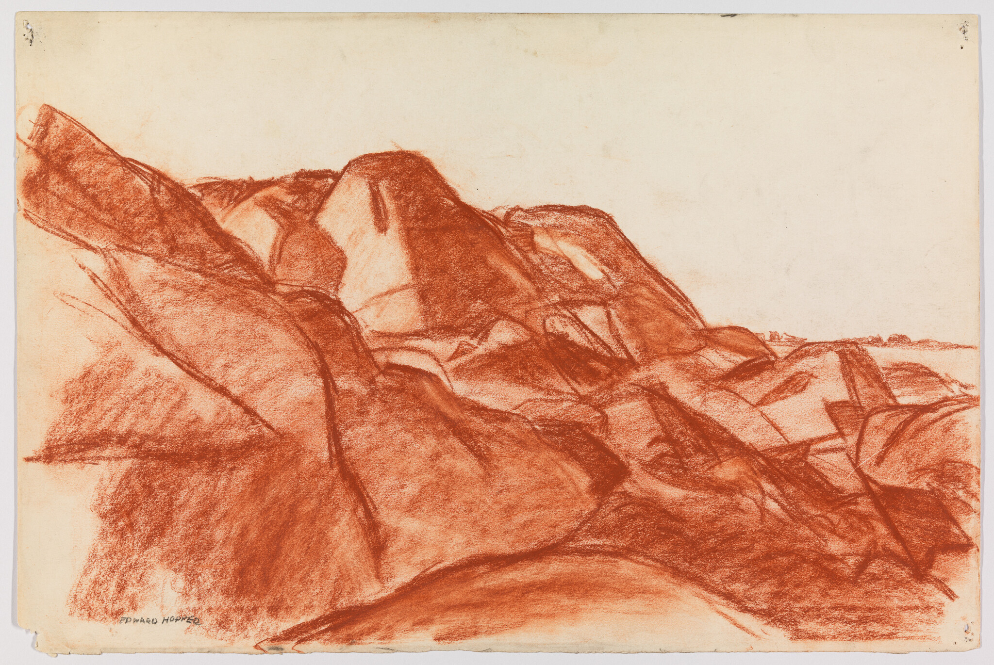 Red chalk drawing of large rocky cliffs and boulders along a shoreline.
