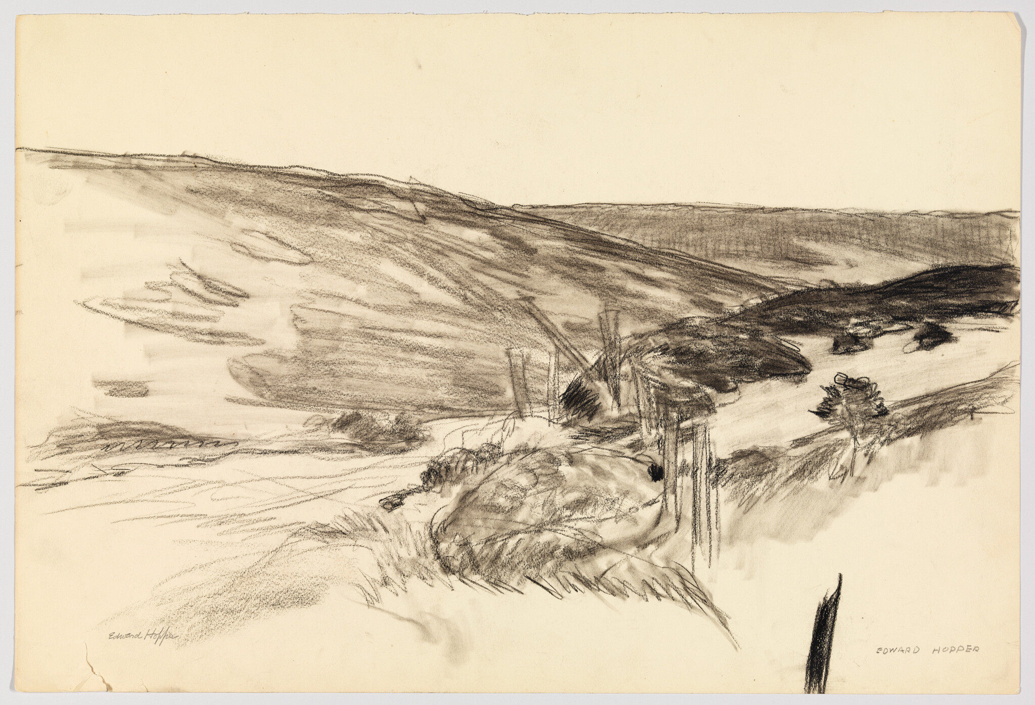 Charcoal sketch of rolling hills and a valley with fence posts and scattered shrubs.