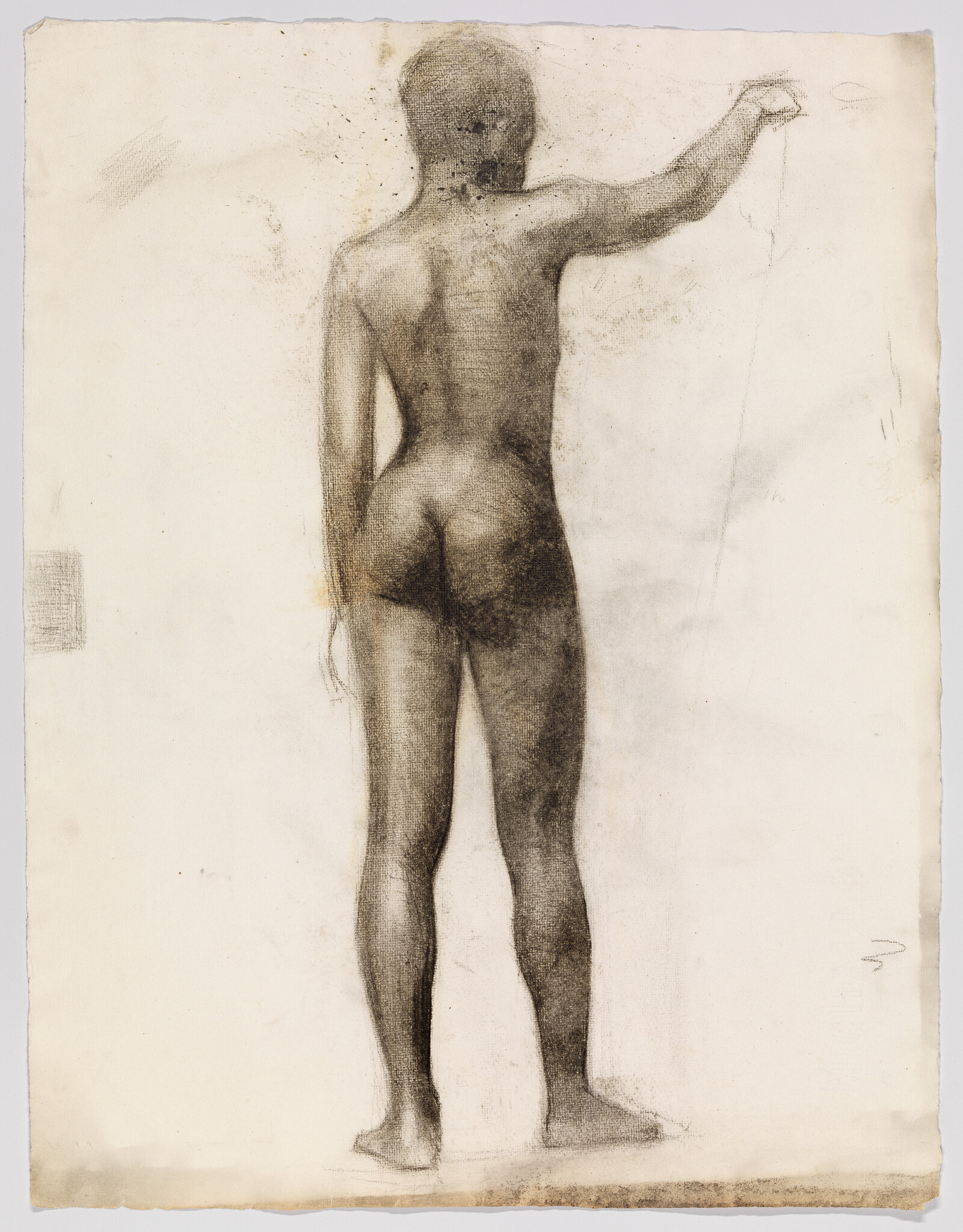 Standing nude figure seen from behind with left arm raised holding a thin string.