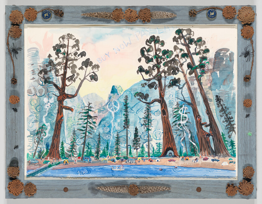 A whimsical painting depicting a forest scene with oversized pine trees and a lake, framed by a textured border adorned with pine cones, a pine branch, and small objects. The trees have faces and dollar signs, and the background includes mountains and the sky with scribbled text and symbols. The phrase "BUY NOW PAY LATER" is visible in the sky, suggesting a commentary on consumerism and nature.