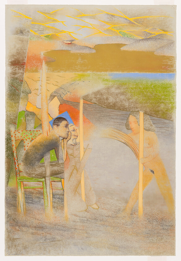 Two seated figures watch a standing nude figure walking between vertical poles under a colorful sky.