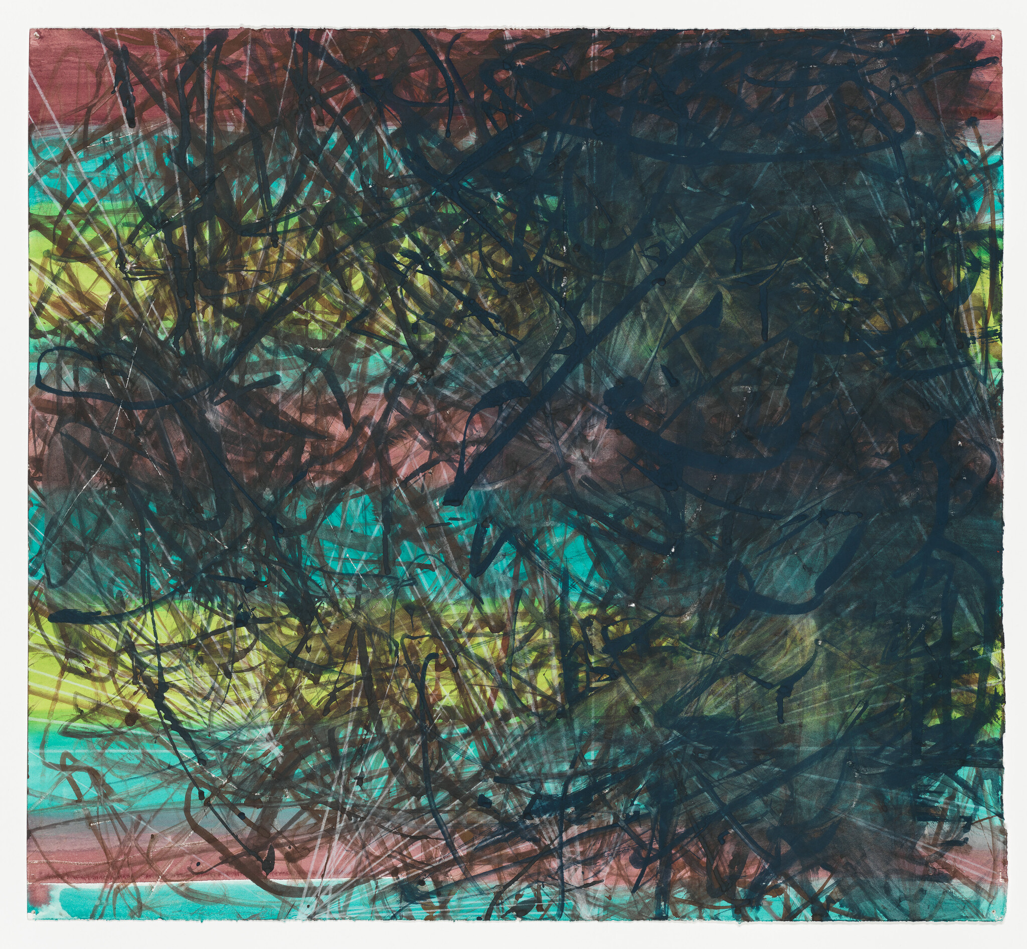 Abstract painting with dark chaotic scribbles over layered turquoise, yellow, and muted pink backgrounds.