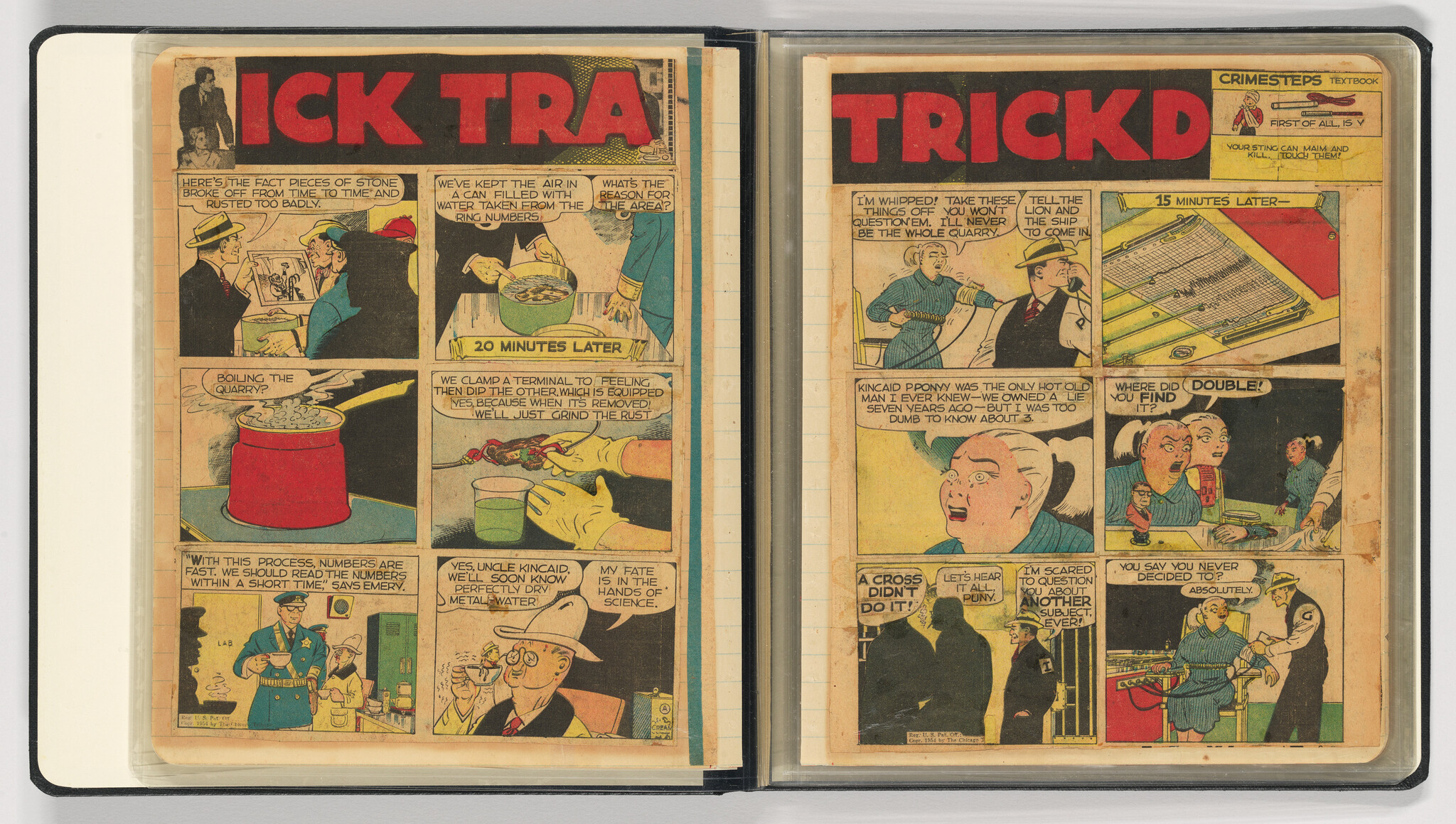 Open vintage comic book showing two full pages of colored comic strip panels.