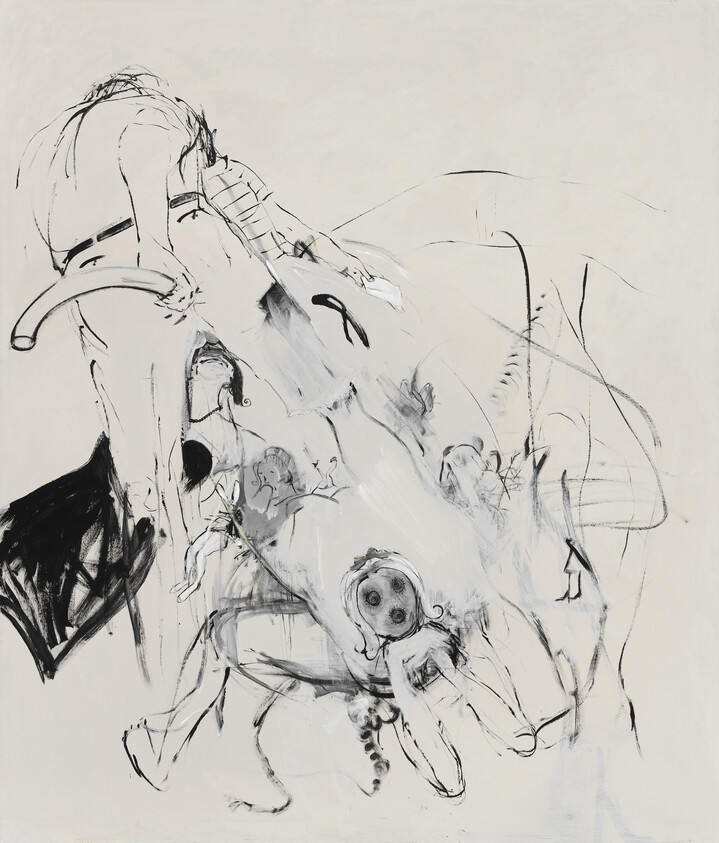 Large sketch of an elephant skull with tusks and small human-like figures clustered around it.