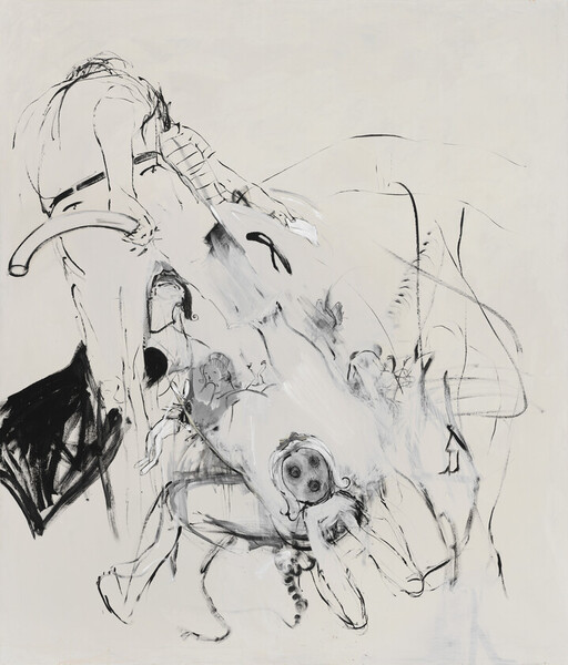 Large sketch of an elephant skull with tusks and small human-like figures clustered around it.