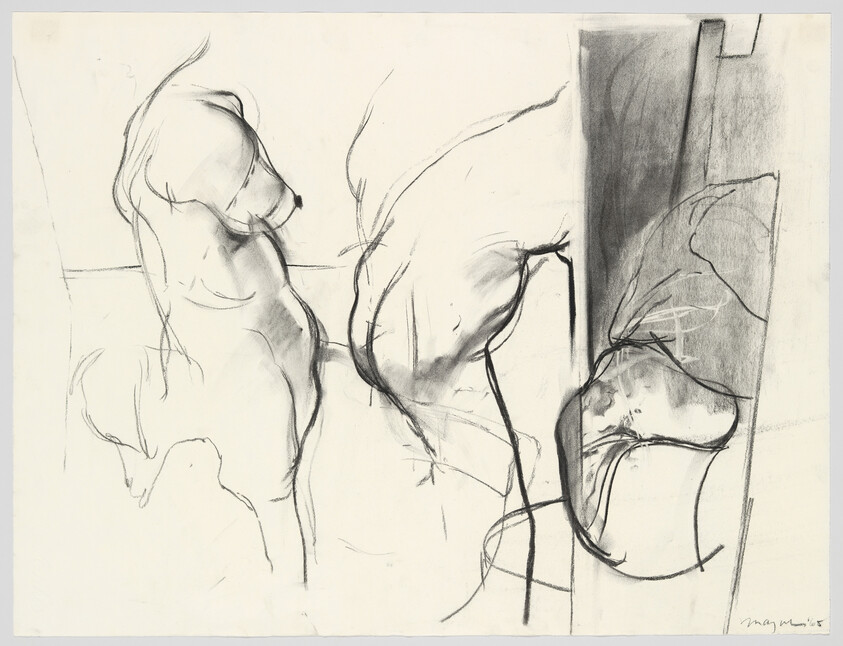 Three loose charcoal sketches of dogs in different poses on a pale background.