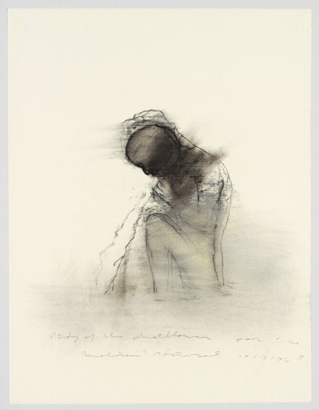 A charcoal sketch of a hunched figure with head bowed and arms wrapped around knees.