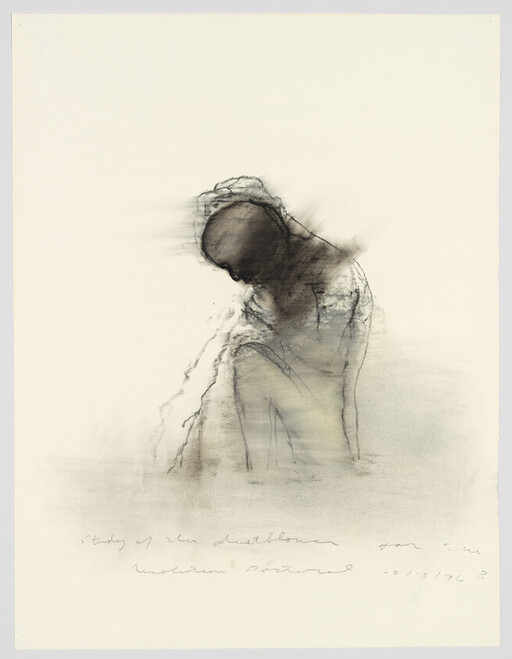 A charcoal sketch of a hunched figure with head bowed and arms wrapped around knees.