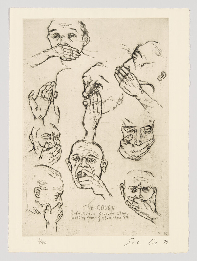 A series of sketched portraits showing various people coughing or covering their mouths, with the title "THE COUGH Infectious Disease Clinic Waiting Room Galveston 94" inscribed at the bottom. The artwork captures different expressions and gestures associated with coughing, emphasizing the theme of illness and contagion.