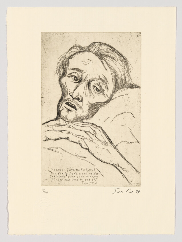 A detailed etching of a person resting their head on their hands, with a weary or distressed expression. The artwork includes text at the bottom that appears to be a personal note, and is signed and dated by the artist. The paper has rough edges, suggesting it may be a print or a limited edition piece.