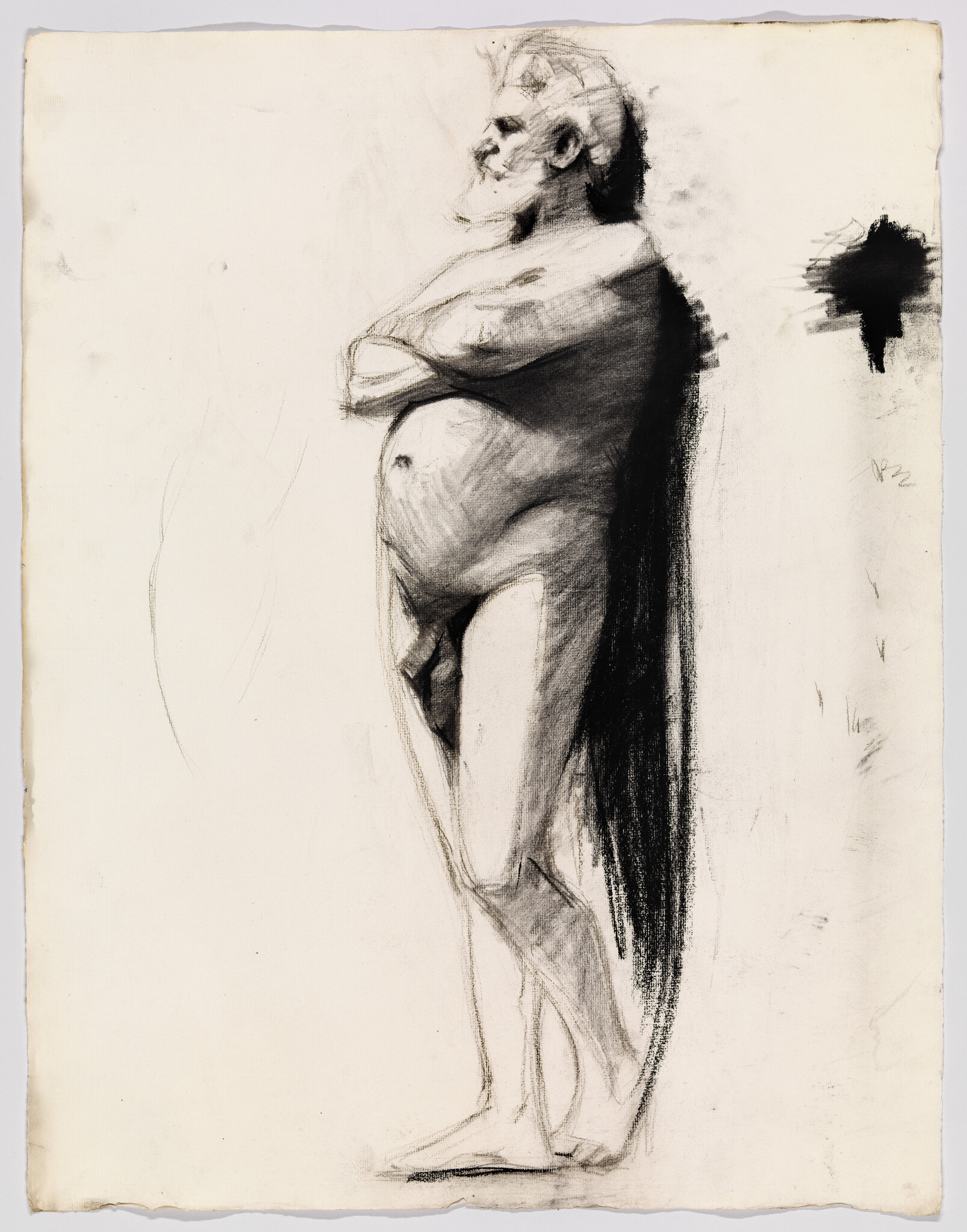 An elderly bearded man stands nude in profile with arms crossed in a charcoal sketch.