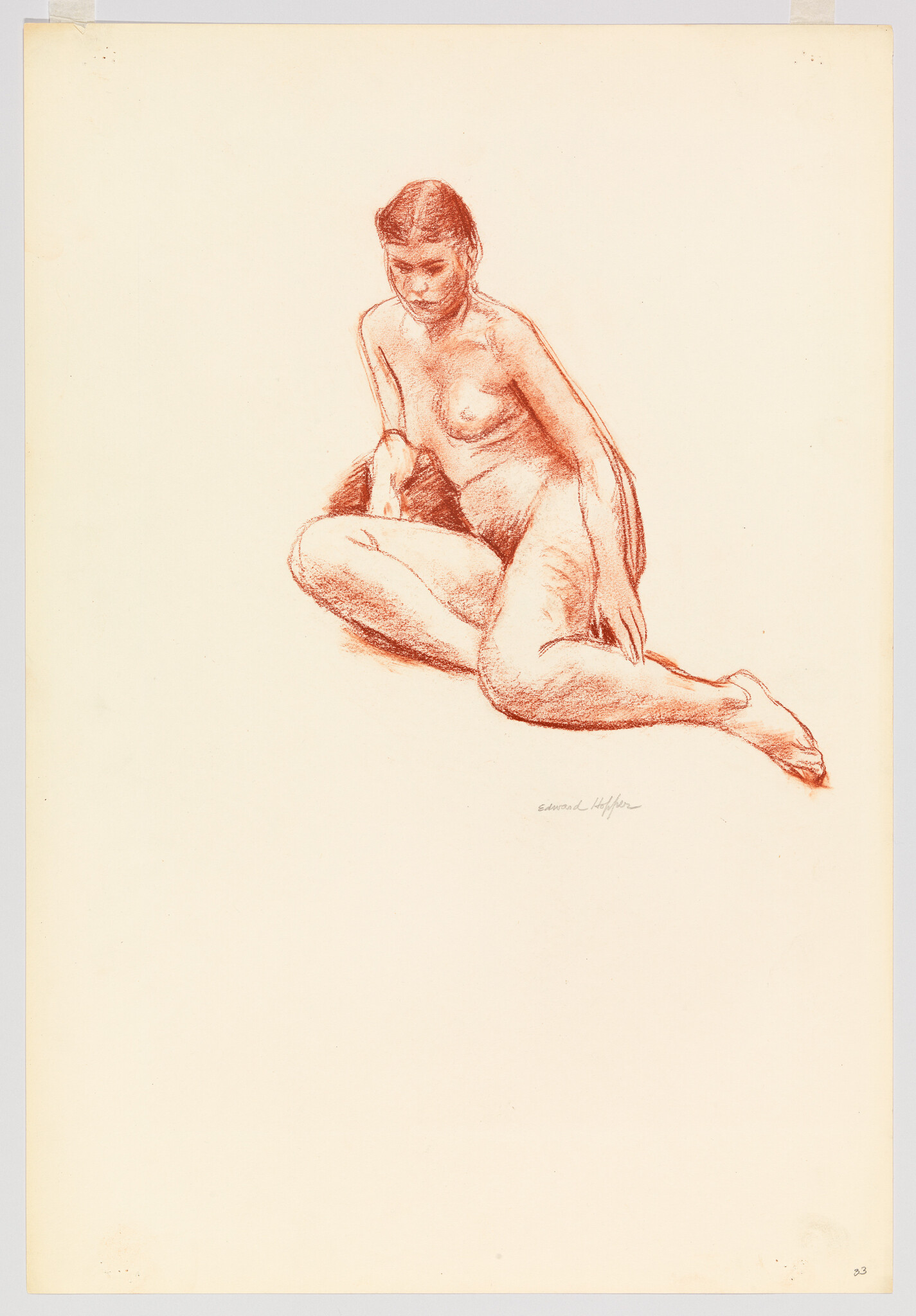 A red chalk sketch shows a nude woman seated on the floor with one leg bent.
