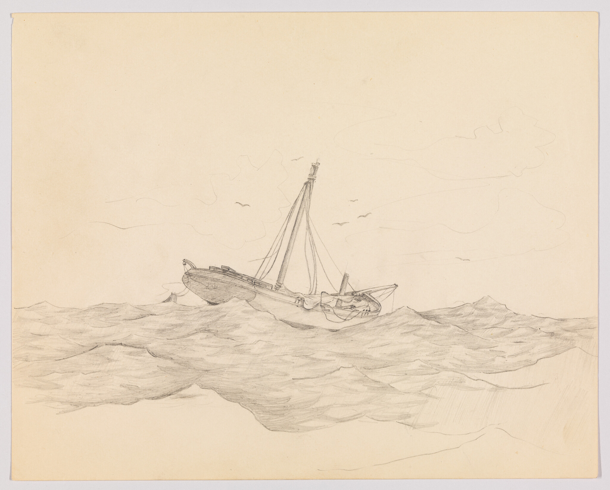 A small sailboat leans on choppy waves under a cloudy sky with distant birds.