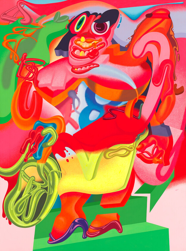 A colorful abstract figure energetically playing a green saxophone while standing on green steps.