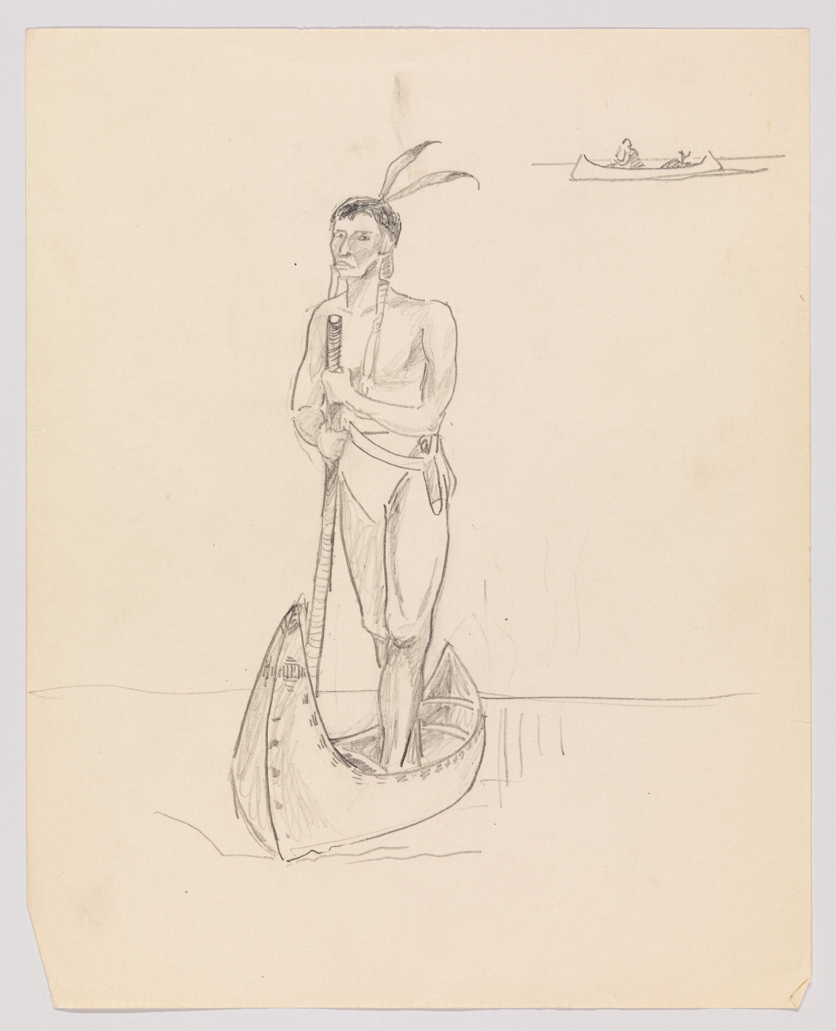 A man with feathers in his hair stands in a canoe holding a paddle near the water.