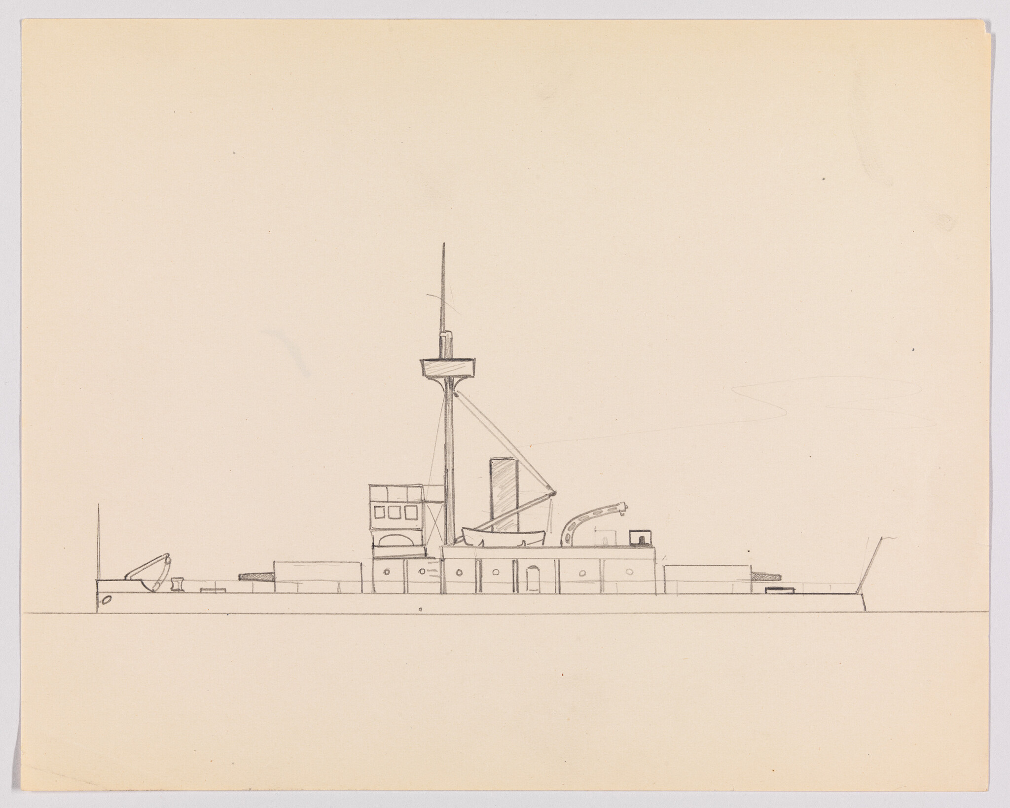 A simple pencil line drawing of a naval ship in side profile with mast and superstructure.