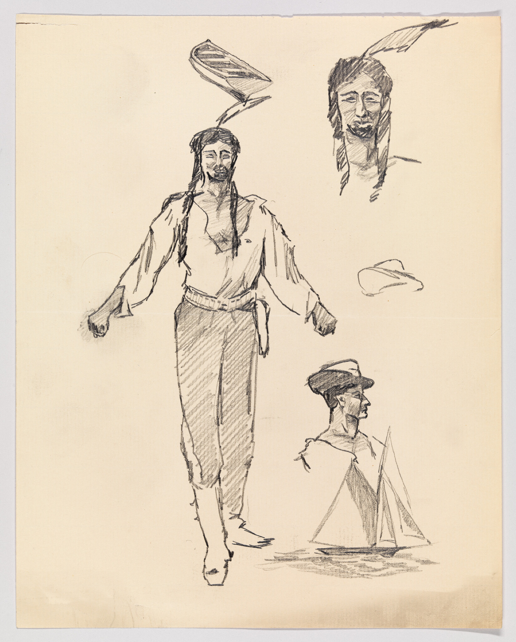 A pencil sketch shows a standing man with long braided hair and several head and boat studies.