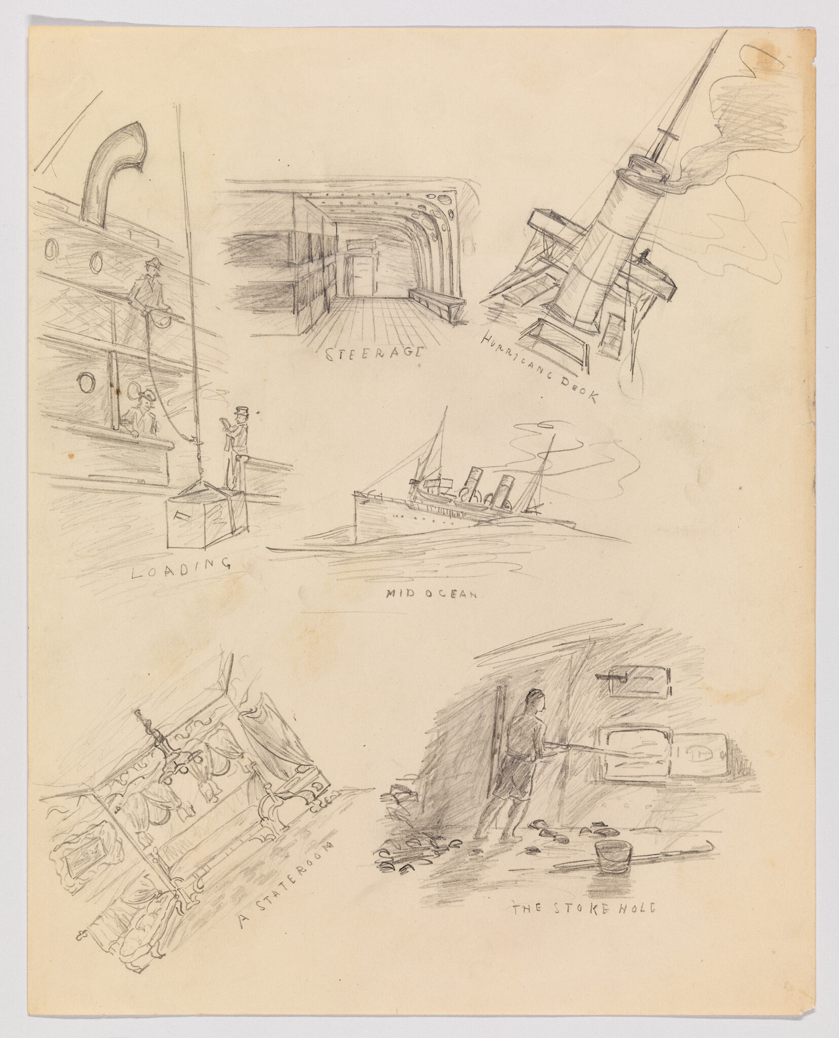 Several pencil sketches of ship scenes showing loading, steerage, deck, stateroom, and a man in the stokehole.