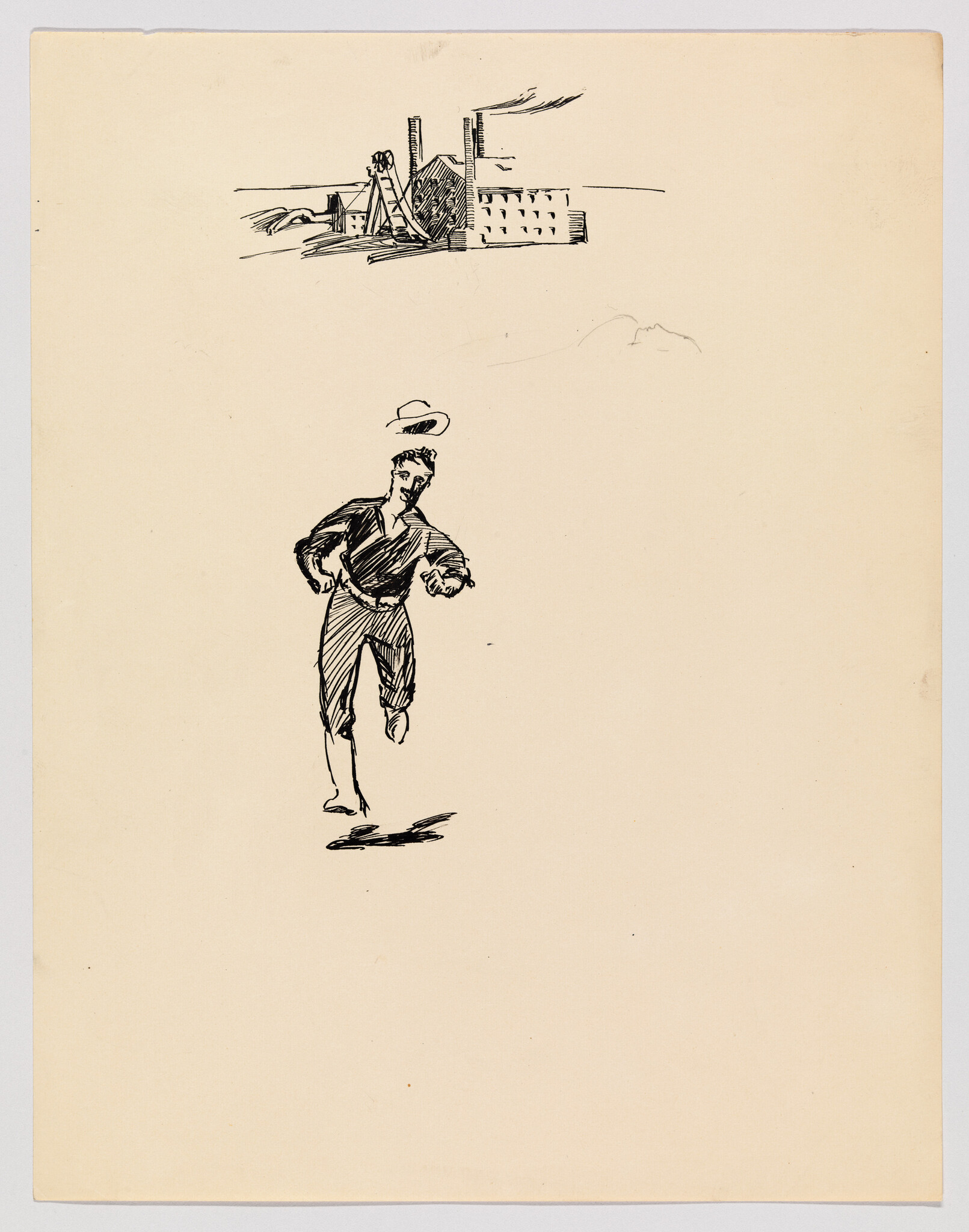 A man runs forward with his hat flying above him and a factory sketched above.
