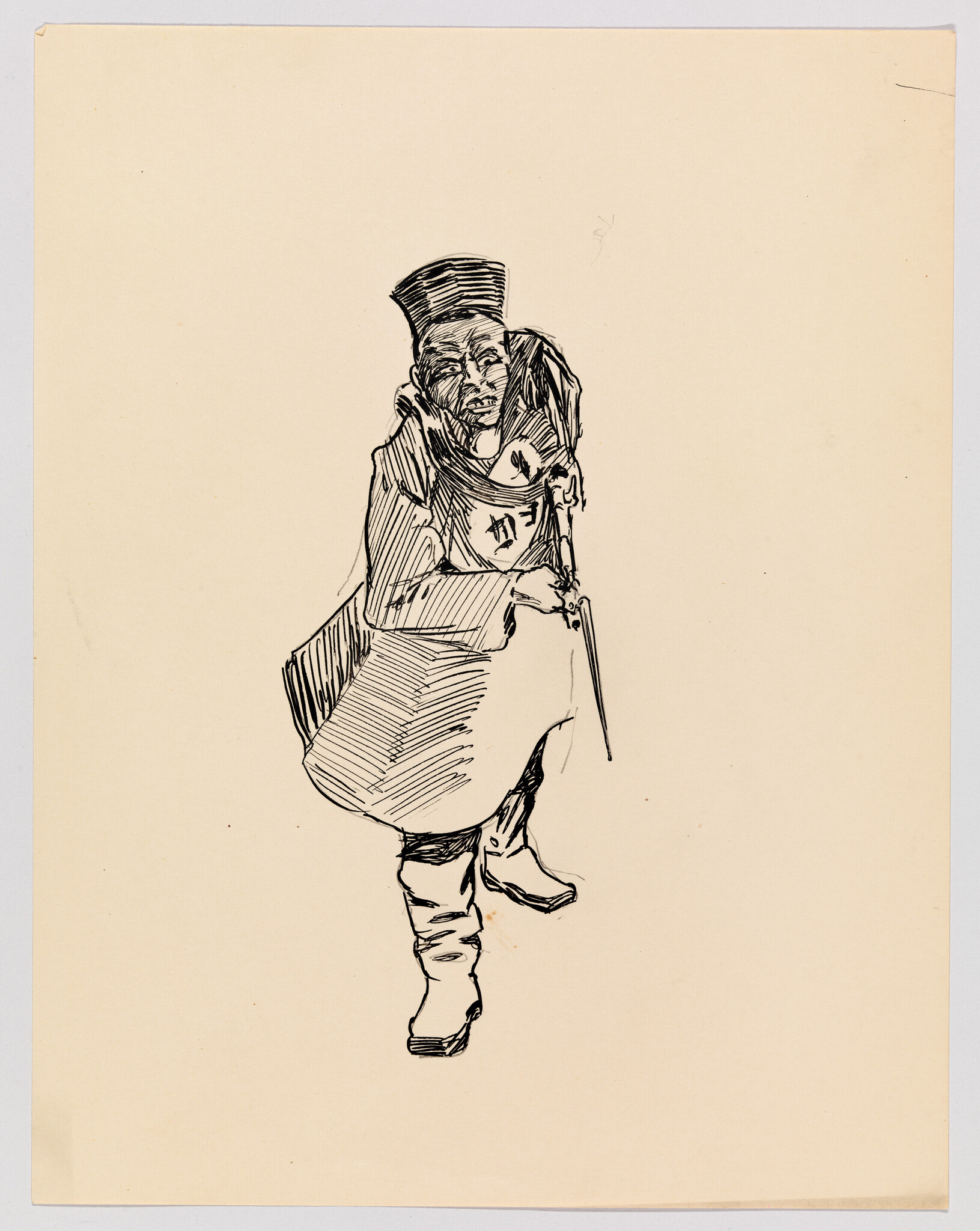 An older person wearing a tall hat and coat walks hunched forward using a cane.