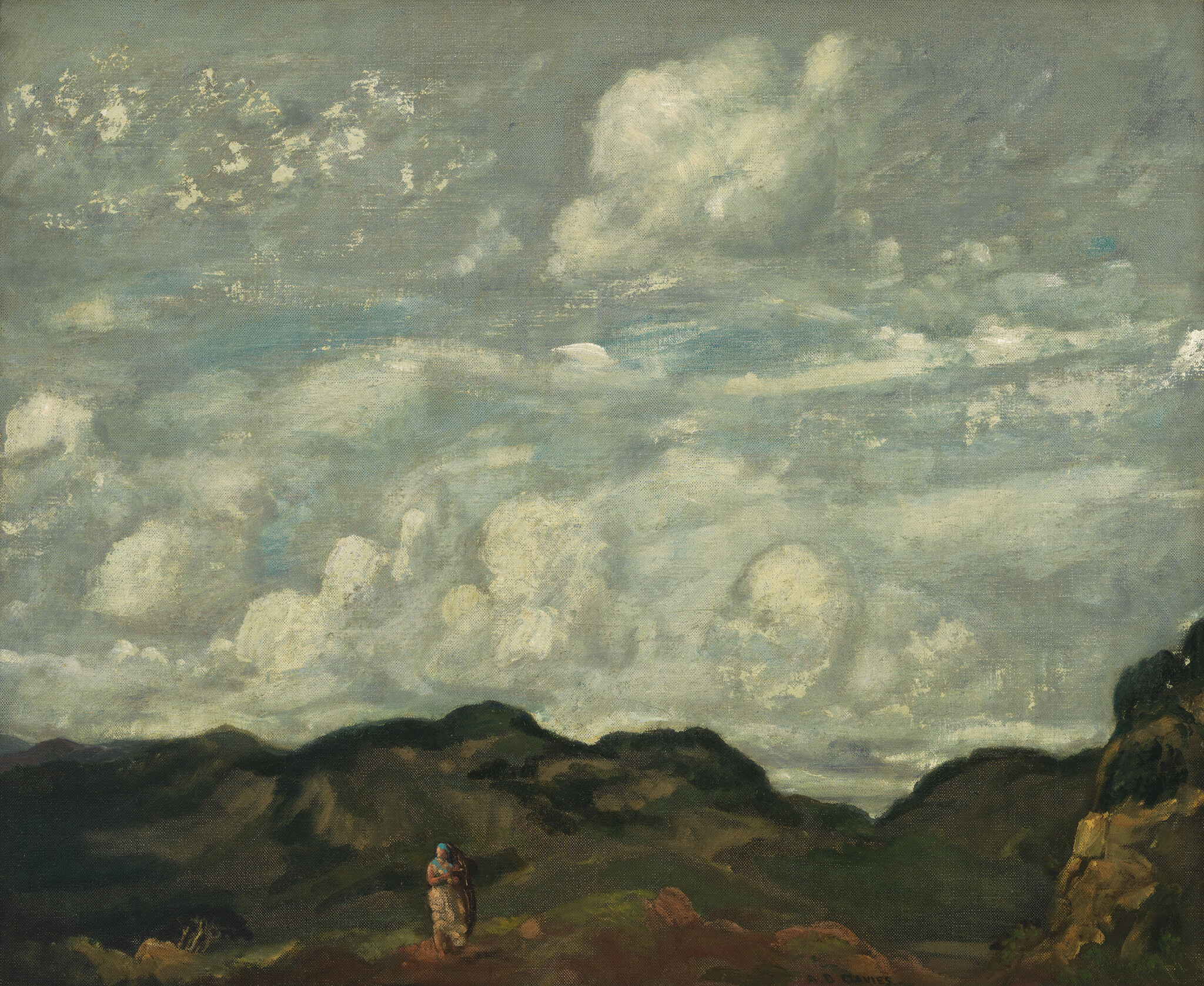 Two figures walk along a hill under a wide, cloudy sky.