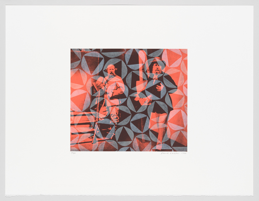 A print featuring a geometric, abstract design in shades of red and gray with two overlapping figures of a man holding a microphone, signed and dated by the artist in 1992.