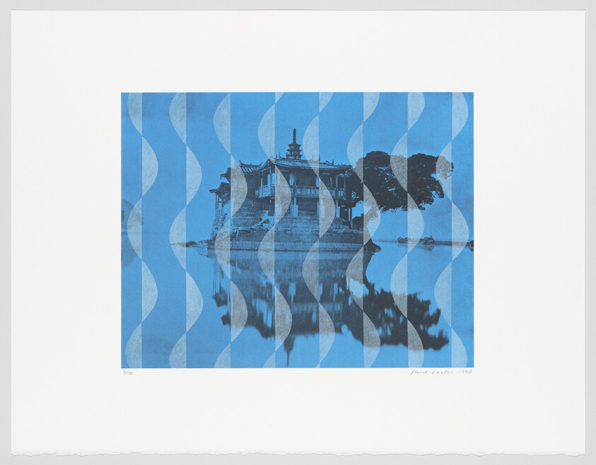 A lakeside pagoda and tree reflected in calm water with blue wavy overlay pattern.