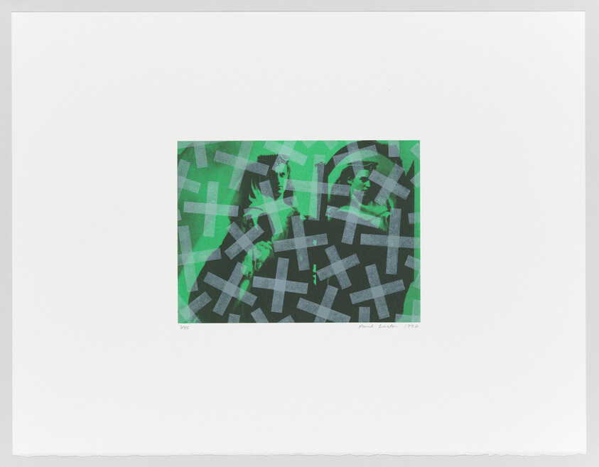 Two ghostly figures in green are overlaid with many gray X shapes across the composition.
