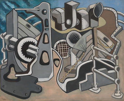 Abstract arrangement of industrial machine parts and gears in muted colors.