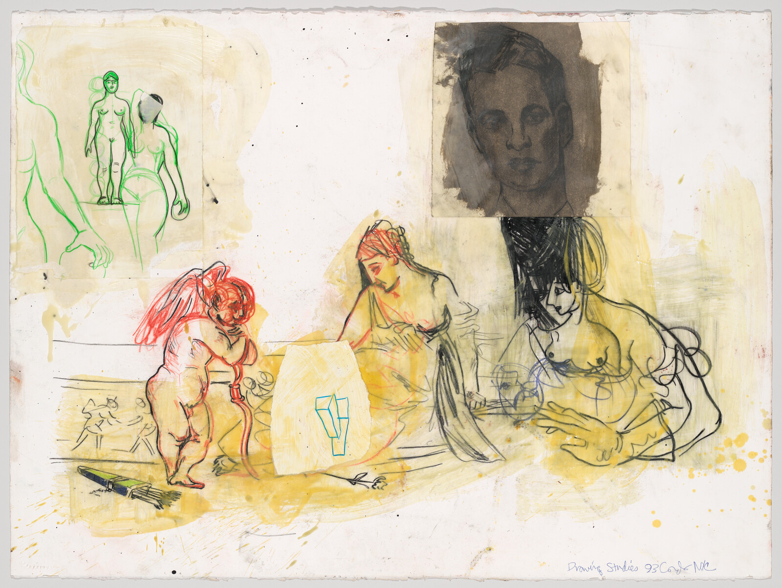 Three sketchy nude figures study a central block while a small red-haired figure leans on a cane.