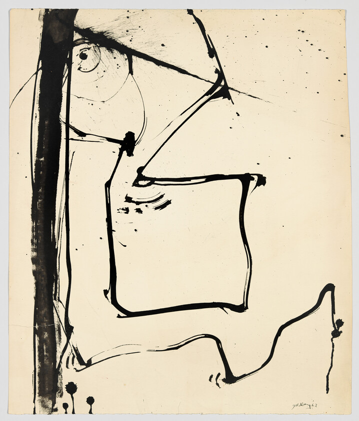 Bold black ink brushstrokes form a loose square with a thick vertical band on light paper.