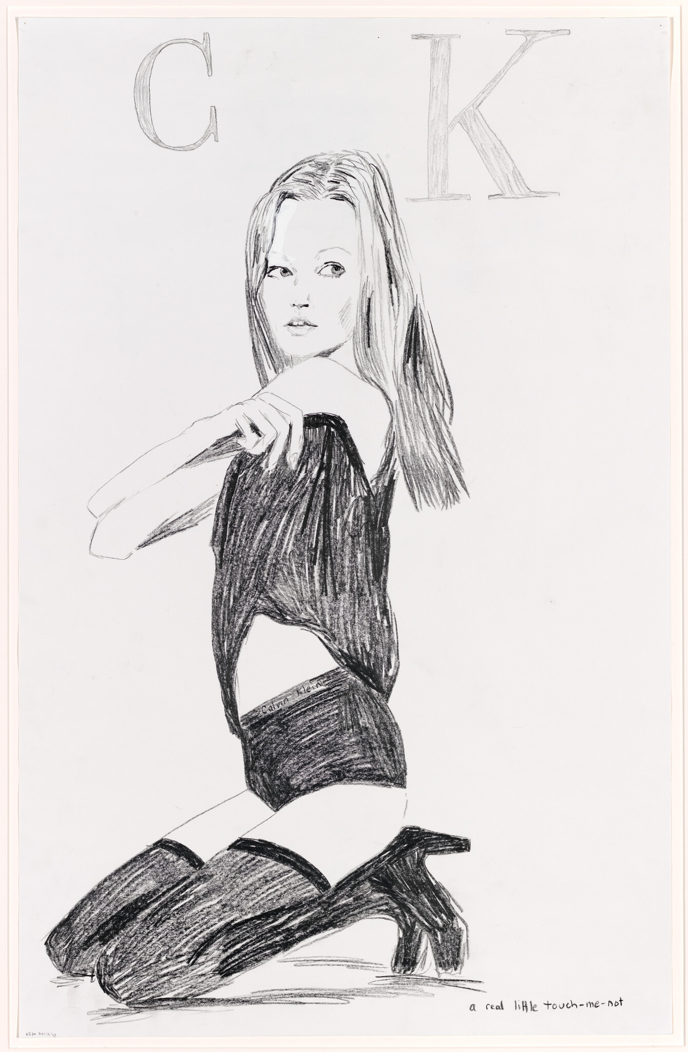 A young woman kneels wearing high boots and underwear while slipping an off-shoulder top down.