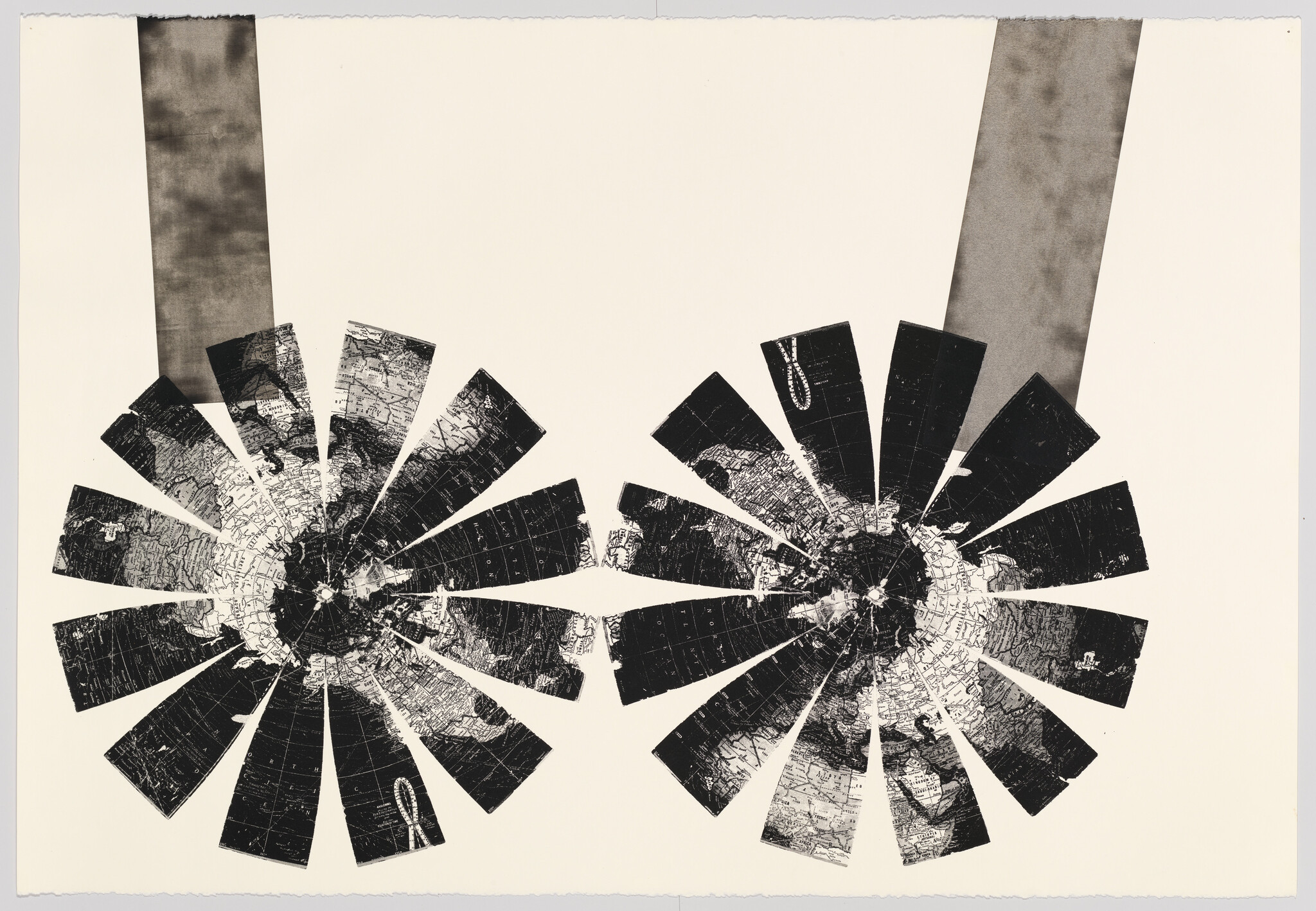 Two large circular map collages made from black wedges side by side with gray vertical strips above.