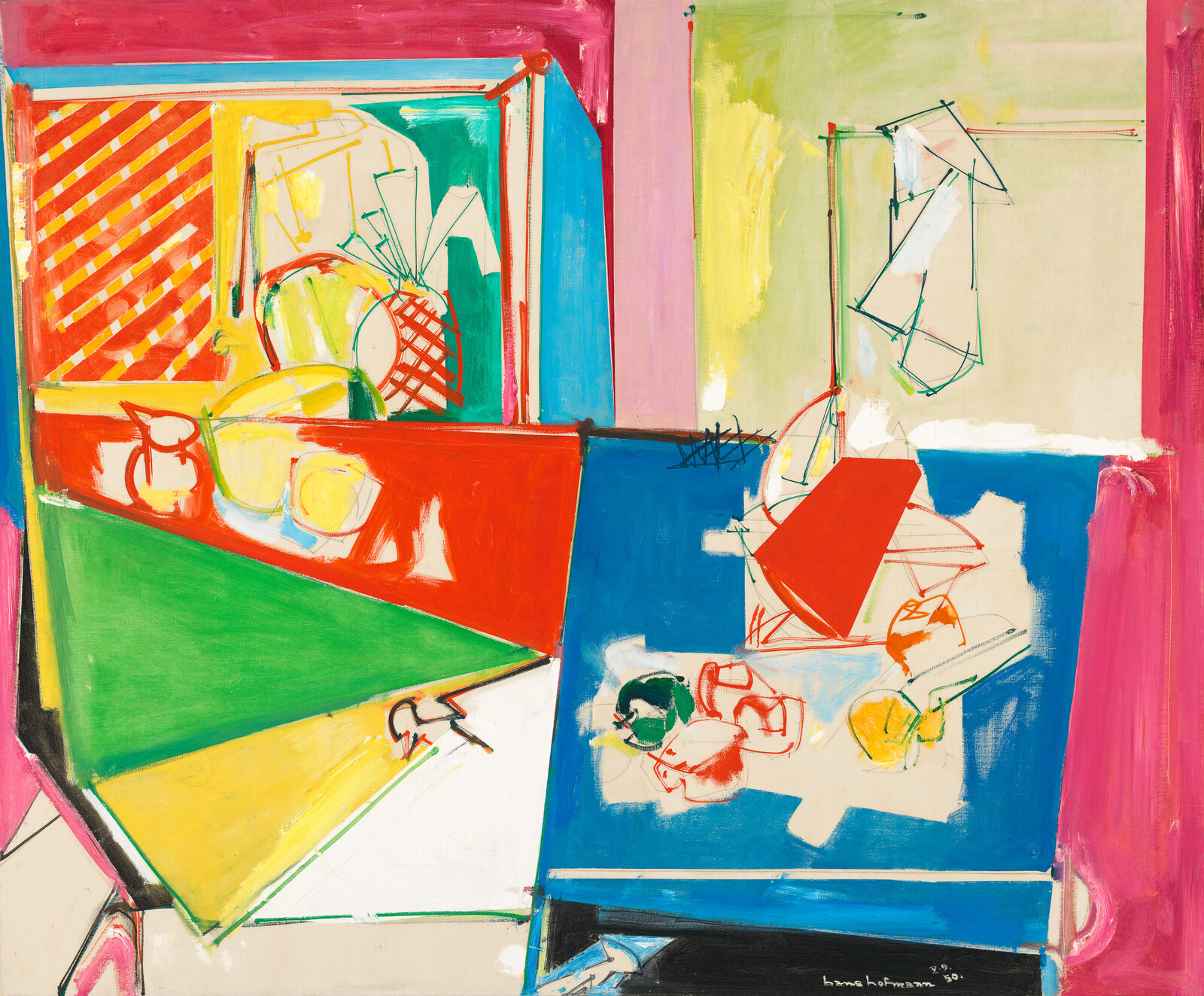 Bright abstract still life with geometric shapes, fruits, and overlapping colorful panels.