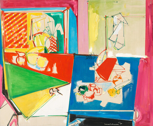 Bright abstract still life with geometric shapes, fruits, and overlapping colorful panels.