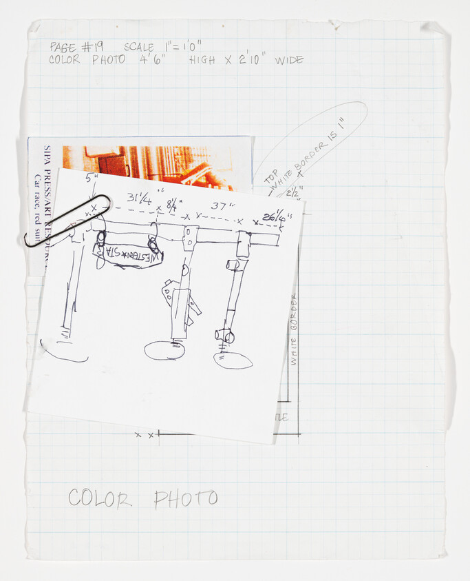 Hand-drawn technical sketch of three hanging supports clipped to graph paper with measurements.