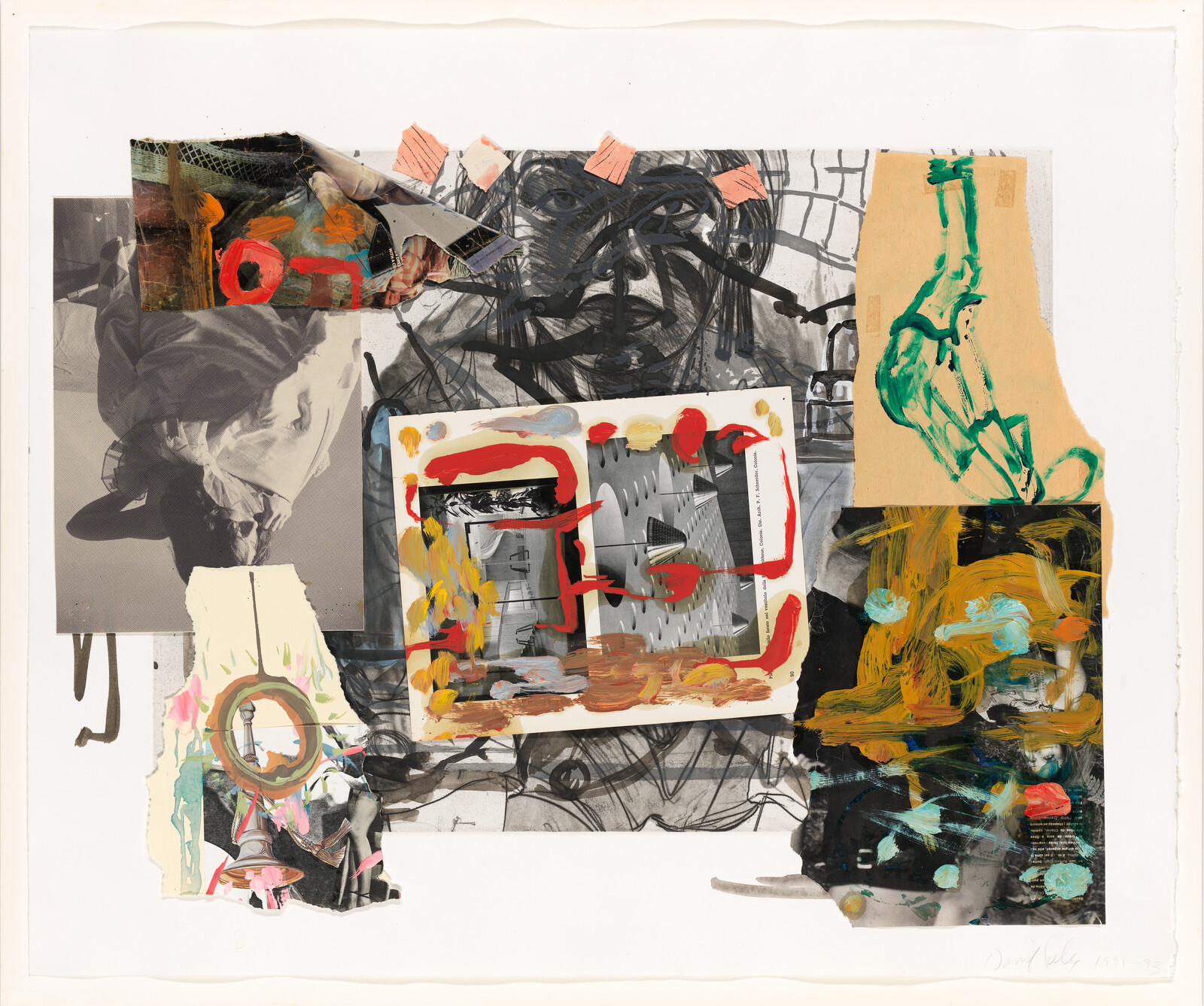 A mixed-media collage with a sketched face at center surrounded by painted patches and torn photographs.