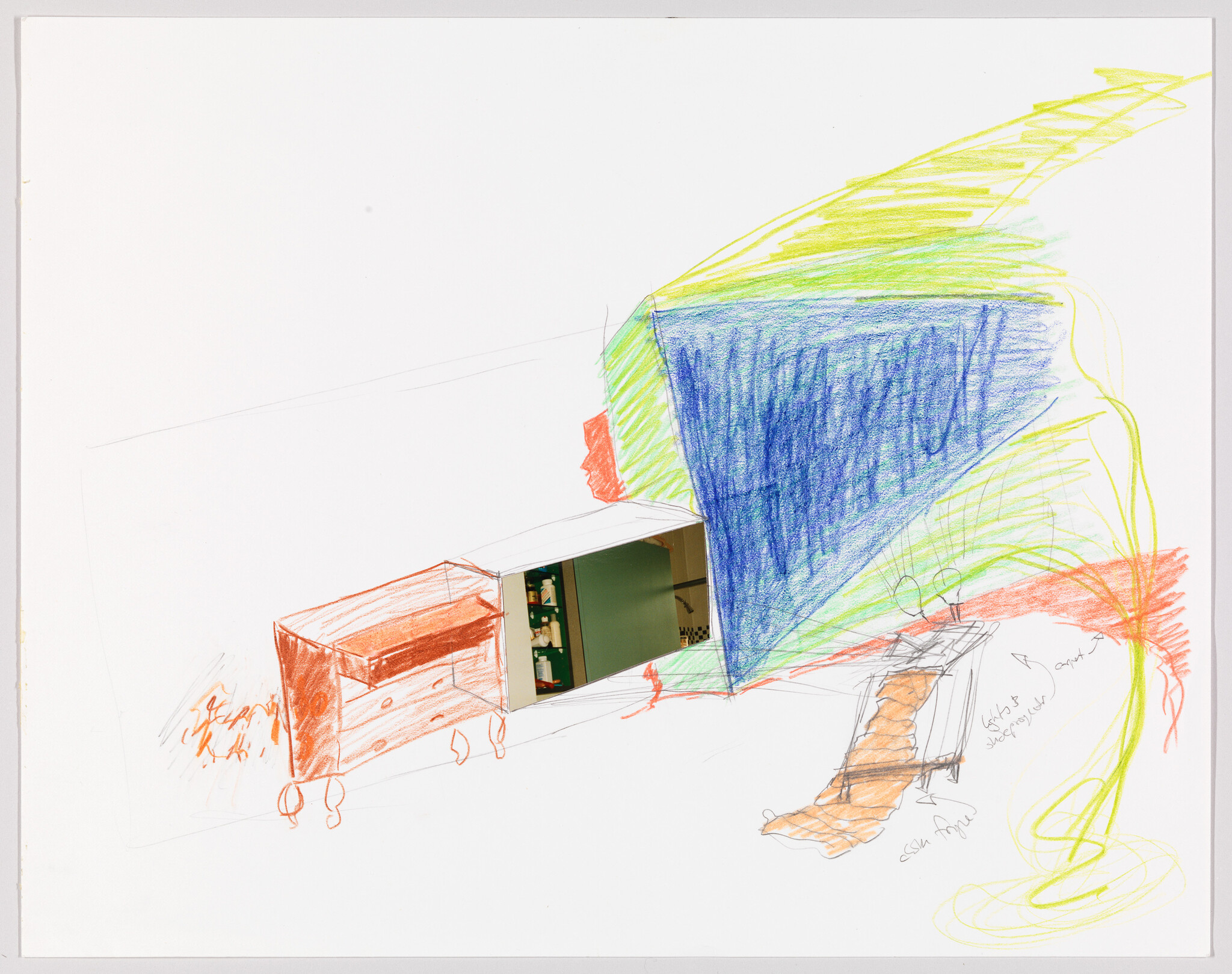 Colored pencil sketch of a room concept with a blue triangular wall, orange dresser, and lounge chair.